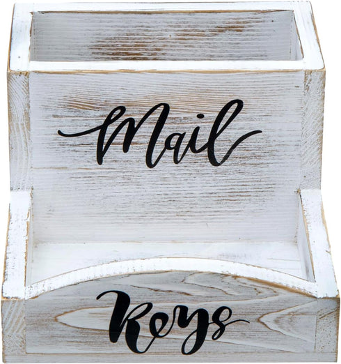 MyGift Shabby Whitewashed Solid Wood Mail Holder and Key Organizer, Entryway Storage Tray for Office