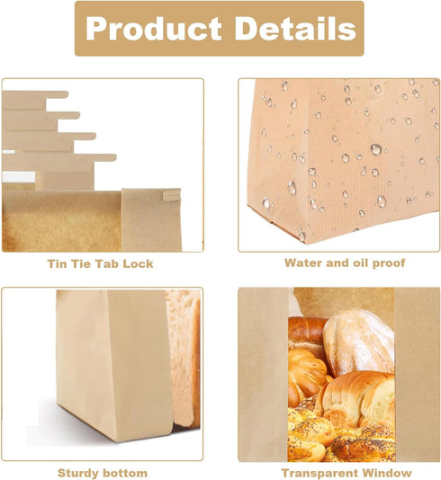 30 Pack Bread Bags for Homemade Bread Sourdough Bread Bags with Tin Strip Large Bakery Bags with Window Paper Bread