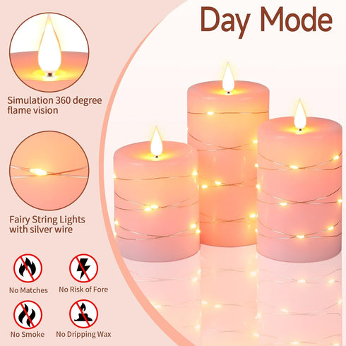 3 Pack-Pink Da by Flameless Candles with String LightsBattery Operated Candles,LED Flickering Candles with Remote