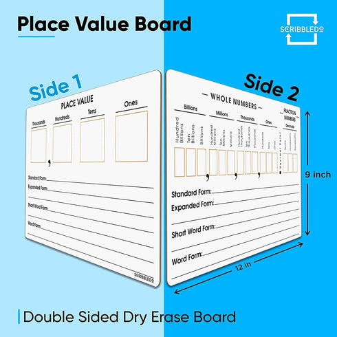 SCRIBBLEDO 10 Pack Place Value Board 9" x 12" Double Sided Dry Erase Boards for Teaching Math Values