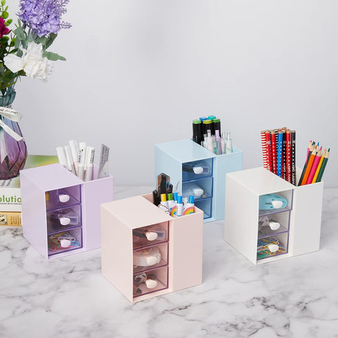 LETURE Small Desk Organizer with Drawer, Office School Storage Box for Card/Pen/Pencil/Marker, Plastic Makeup Organizer