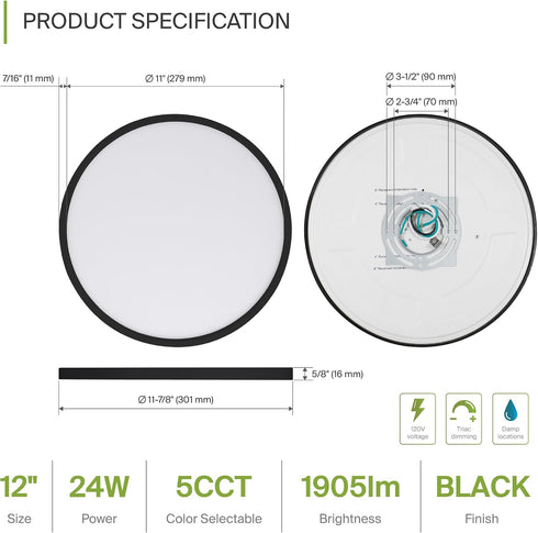 12" 5CCT, Dimmable, 24W 1900LM 2700-6000K 120V ASD LED Round Flush Mount Ceiling Light Fixture, Low Profile Surface