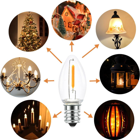 25 Pack Clear Glass LED C7 Light Bulbs, E12 Base, 0.6W Equivalent to 7W, Warm White for Candles, Chandeliers &