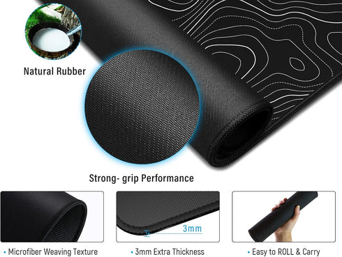 JIALONG Black Topographic Large Gaming Mouse Pad, XXL Mousepad, Big Desk Pad for Keyboard and Mouse, Gaming Accessories
