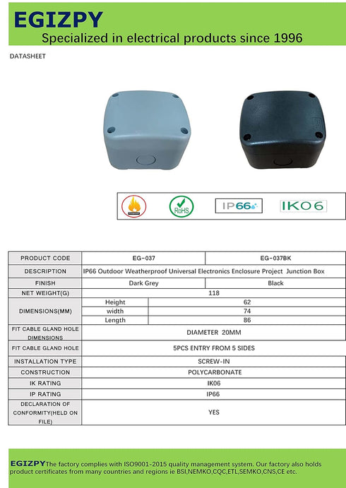 IP66 Outdoor Weatherproof Universal Electronics Enclosure, Black Junction Box, 3.3"X2.9"X2.3" Small