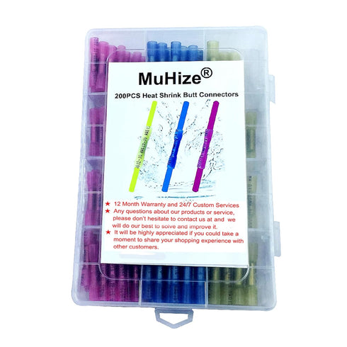 MuHize Heat Shrink Butt Connectors Kit, 200 PCS Automotive Marine Electrical Connectors Kit, Waterproof Insulated