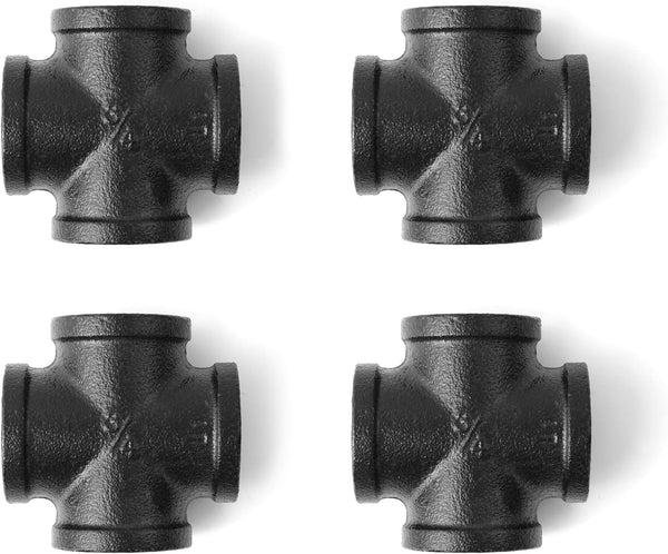 3/4" Black 4-Way Cross Fitting Connector, Home TZH 4-Pack Cast Malleable Iron