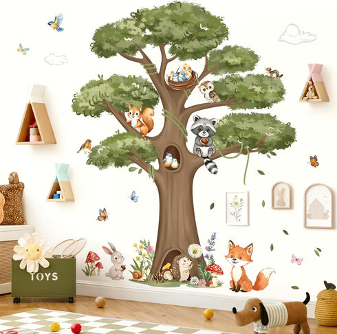 decalmile Woodland Animals Large Tree Wall Stickers Forest Animal Fox Rabbit Hedgehog