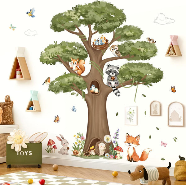 decalmile Woodland Animals Large Tree Wall Stickers Forest Animal Fox Rabbit Hedgehog