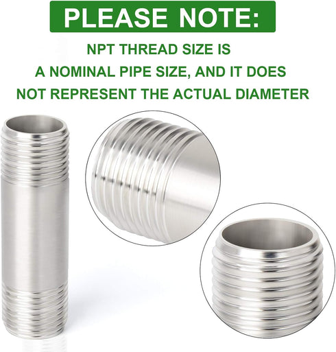 TAISHER 2Pcs Stainless Steel Pipe Fittings, 3/8" NPT Male Threaded, 2" Length