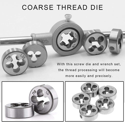 JONMON 8 Pcs Metric Die Set, Screw Die & Adjustable Wrench Holder with M3-M12 Dies for Home DIY, Garage