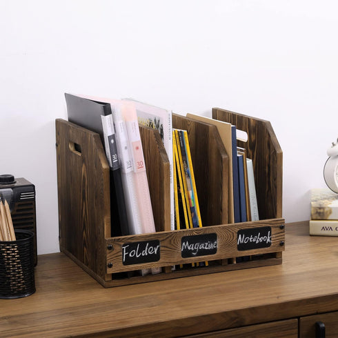 Rustic Burnt Brown Wood Office Desktop Document File Folder Binder Storage Organizer with 3 Compartments