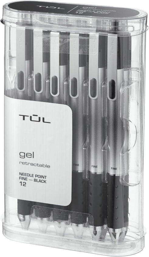 TUL GL1 Retractable Gel Pen, 0.5 mm Needle Point, Gray Barrel, Black Ink, Pack of 12