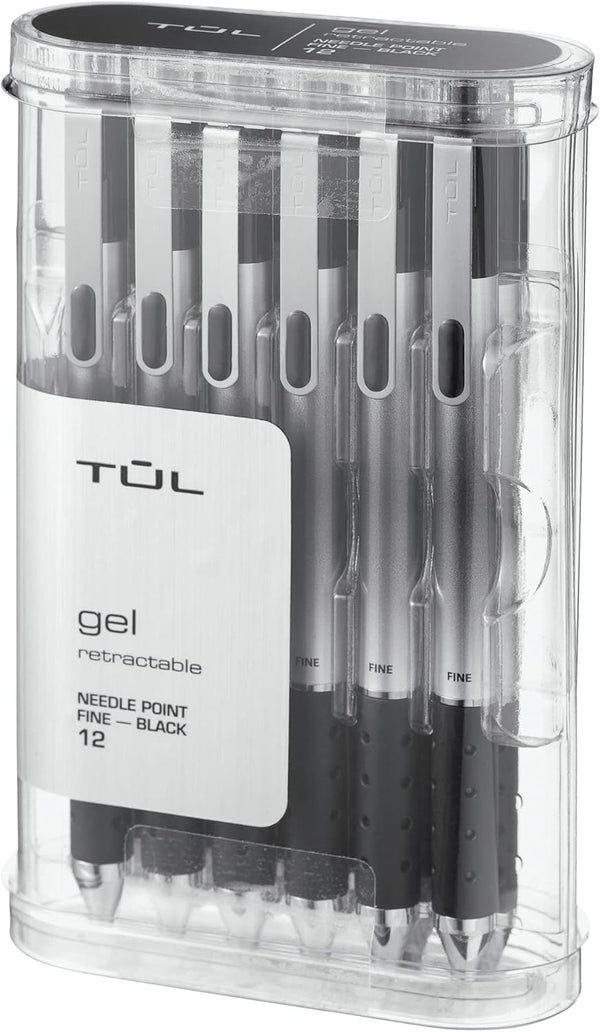 TUL GL1 Retractable Gel Pen, 0.5 mm Needle Point, Gray Barrel, Black Ink, Pack of 12