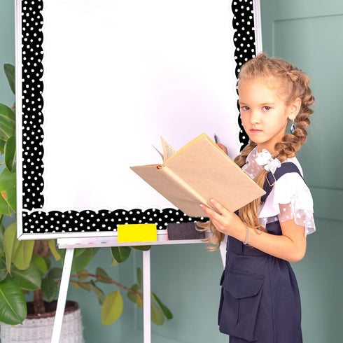 Whaline 65.6ft Dot Bulletin Board Borders, White Black Dot Die-Cut Rolled Trim for School Office Decoration
