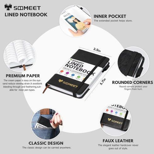 Lined Pocket Notebook Small Notebook with 1 Pen, 2 Pack, Total 400 Pages, Hardcover Leather Journal Notebook for Women Men, Thick Paper with Inner Pockets, 3.5" x 5.7", Black by Soomeet
