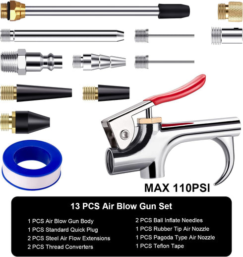 13 Pcs 2-Way Connection Air Nozzle Blow Gun Set with 1/4 in Standard Quick Fitting and 8 Air Nozzles