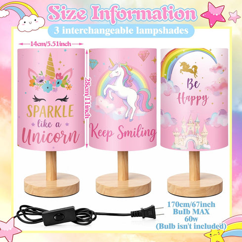 Tujoe 3 Pcs Interchangeable Unicorn Bedside Table Lamp Fabric Nightstand Table Lamp for Kids Room Desk Reading Bedroom