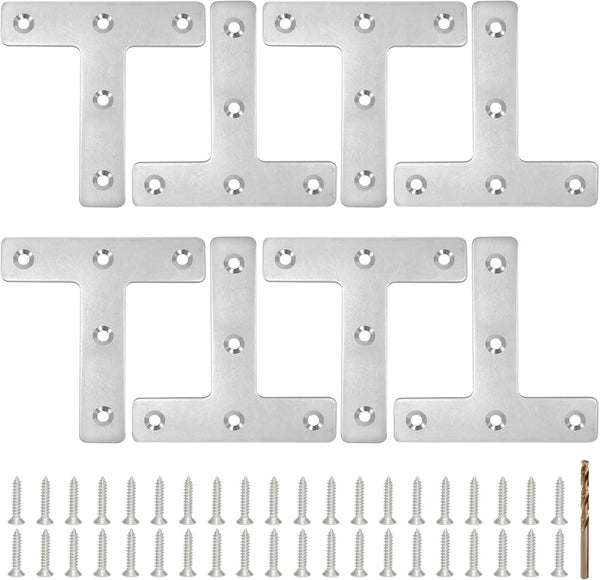 8PCS 3.23'' x 3.23'' T Shape Flat Bracket, Stainless Steel Mending Plate for Wood Furniture with 40PCS Screws