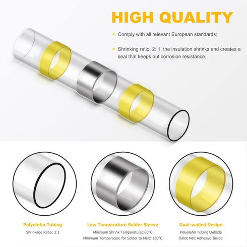 250PCS Solder Seal Wire Connectors, Waterproof Self Heat Shrink Electrical Butt Terminals for Automotive, Marine