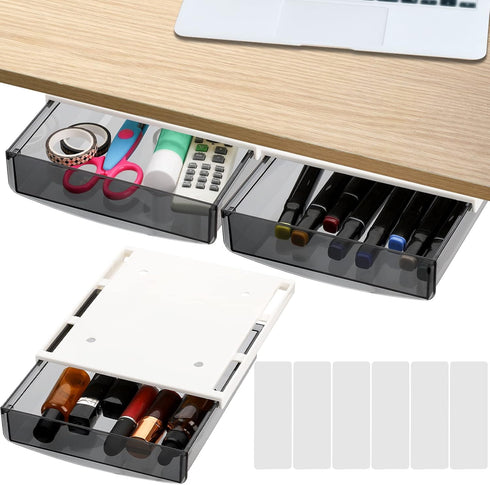 SOUJOY 3 Pack Under Desk Drawer, Self-Adhesive Slide Out Organizer Tray for Hidden Storage in Office, Home, Kitchen