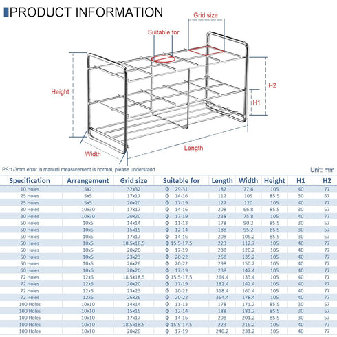Stainless Steel Test Tube Rack, 20 Place, Wire Constructed - Outer Diameter Permitted of Tubes 39mm-41mm