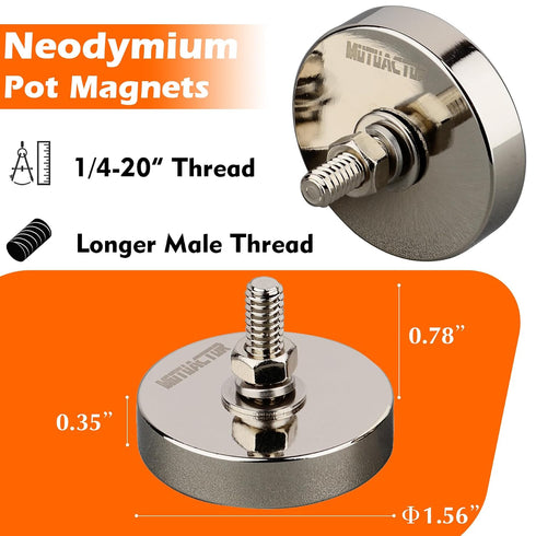 4PCS 1/4''-20 Stud,185lbs 1.65 MUTUACTOR Super Power Neodymium Round Magnet Base with Male Threaded Anti-Broken