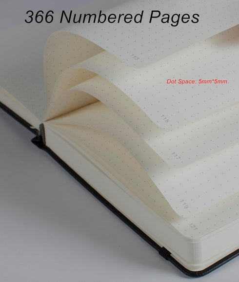 Thick Bullet Dotted Journal with 366 Numbered Pages, A5 Journal for Writing with 100GSM Dot Grid Paper, Hardcover Leather Notebooks for Women Men School Note Taking Work Diary, 5.7"x8.3" Bungandy