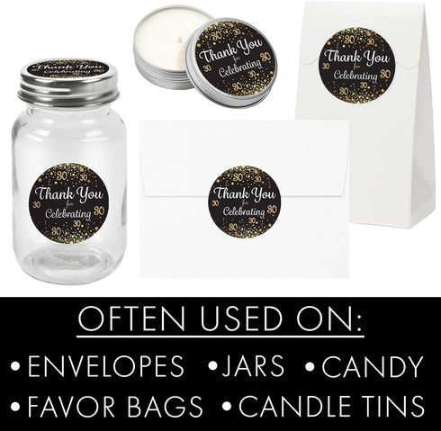 Black and Gold 30th Birthday Thank You Stickers - 1.75 in - 40 Labels