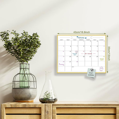 Dry Erase Monthly Calendar Whiteboard, 13"x 17" Gold Aluminum Frame, Magnetic White Board for Wall, Office, School, Home