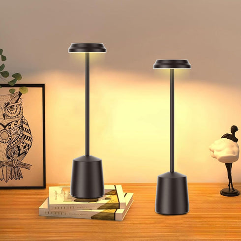 Set 2, 5000mAh 3 Dimming Aluminum LED Cordless Table Lamps of Portable Rechargeable Battery Operated Black Table Light