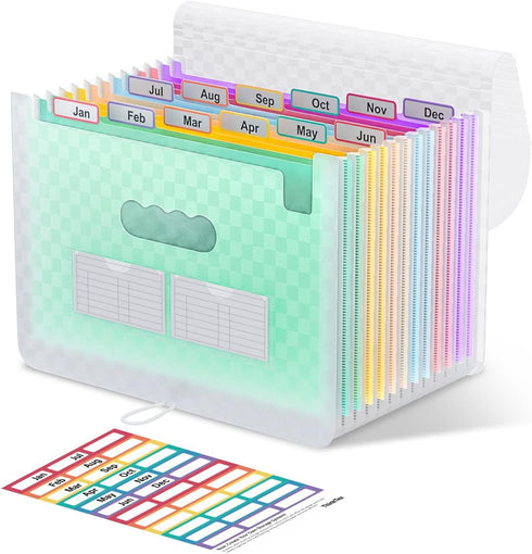 ThinkTex 12 Pockets Accordian File Organizer, Portable Monthly Bill Receipt Holder, Letter/A4 Size - Green