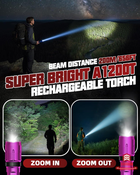 2 Pack, 5 Victoper Pink Rechargeabe Flashlight High Lumens Modes LED Bright Tactical Flashlights, Waterproof Zoomable