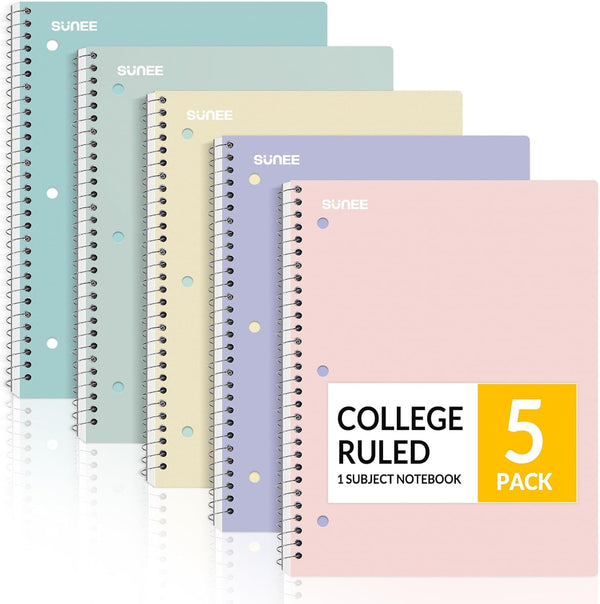 SUNEE 5 Pack Spiral Notebooks, 1-Subject, College Ruled Paper, 8" x 10-1/2", 70 Sheets per Notebook, Pink, Purple,