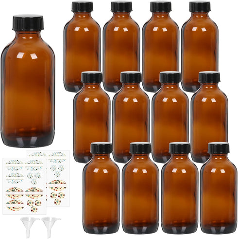 STARSIDE 12 Pack 8 oz Amber Glass Bottles with Lids, 240ml Round Boston Bottles for Essential Oils, Juices