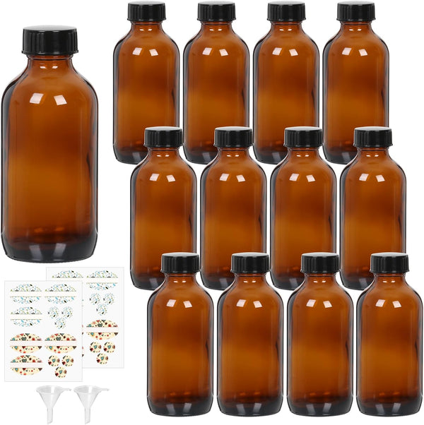 STARSIDE 12 Pack 8 oz Amber Glass Bottles with Lids, 240ml Round Boston Bottles for Essential Oils, Juices