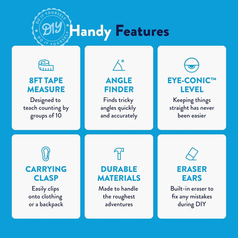 Famm 4-in-1 3+, Handy Spot The Dog Kids Tape Measure with Adjustable Level Eye, Angle Finder & Eraser Ears Montessori