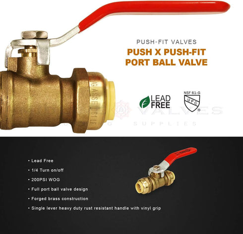 Supply Giant VQCW12-2 Full Port Ball Valve - Water Shut Off Push to Connect PEX, Copper, CPVC, 1/2 Inch, Brass Pack of 2