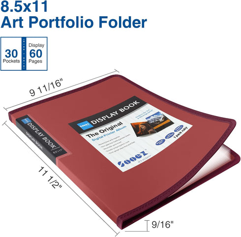 Sooez 30-Pocket Binder with Plastic Sleeves 8.5x11" (Ruby), Heavy Duty Art Portfolio Folder with Clear Sheet Protectors, Display 60 Pages, Presentation Book for Artwork, Document Organizer Binder by Sooez