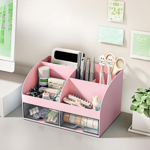 Desk Organizer with 6 Compartments and 2 Drawers, Plastic Makeup Organizer for School Home Office Supplies