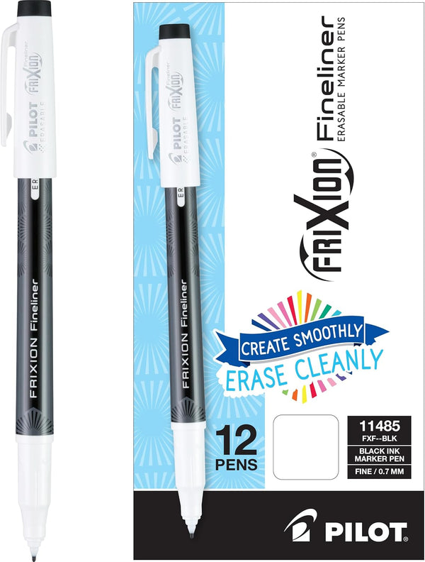 Pilot FriXion Fineliner Erasable Marker Pens, Fine Point 0.7 mm, Pack of 12, Black