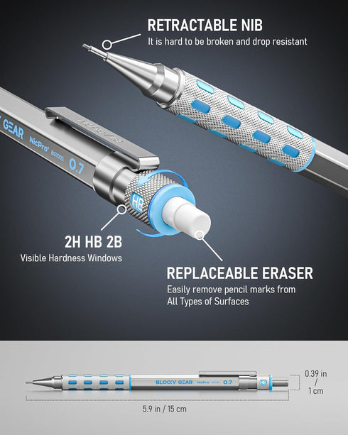 Nicpro Blocky Gear 0.7 mm Mechanical Pencils Set with Case, Metal Pencil, Lead Refills, Eraser for Art
