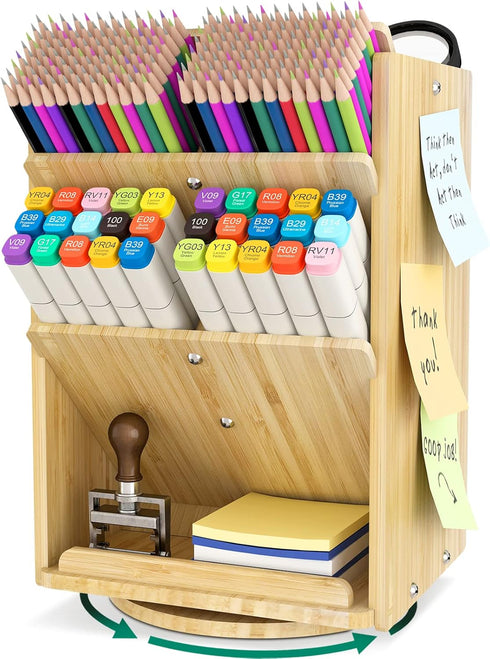 Bamboo Desk Organizer Storage Accessories, Ultra-large 13 Compartments, Easy DIY Assembly, Rotating Desktop Organizer