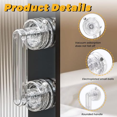 Huakaile 2 Pieces Transparent Suction Cup Handle for Sliding Glass Door, Hole-Free Waterproof Suction Grab Bars