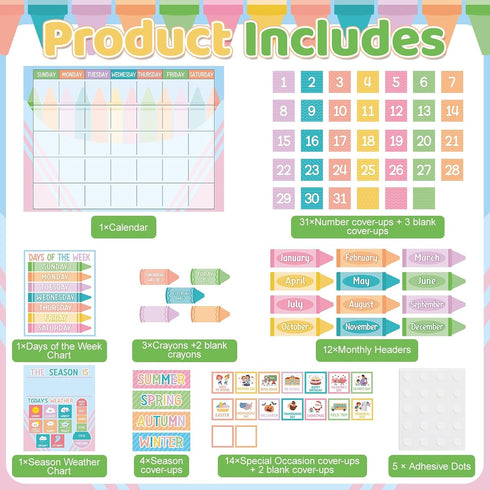 Set Pastel Crayon Calendar Bulletin Board Pastel Crayon Classroom Cutouts Decoration with Seasons Festival Weather Days