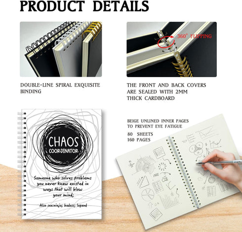 Funny Chaos Coordinator Spiral Notebooks, 160 Pages, Employee Appreciation Gifts for Coworkers