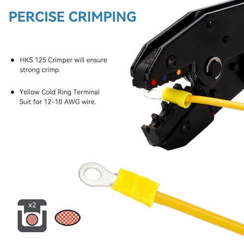 HKS 60PCS Insulated Ring Terminal #10 Yellow 12-10 AWG, Tinned Red Copper Electrical Connector Kit