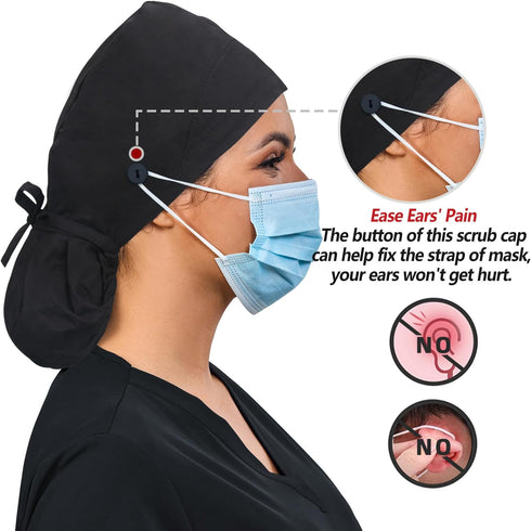 IRIS CRAFT Satin-Lined Scrub Cap with with Ponytail Pocket, Cotton Scrub Medical Nurse Hat with Sweatband Elastic Tie