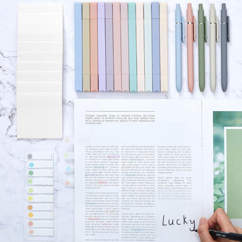 Jutom 29 Pcs Book Annotation Kit Aesthetic Highlighters Gel Pens Set Sticky Notes Tabs Markers Dual Ended Highlighter Quick Dry Ink Pens for Office School Annotating Books(Clear, Square) by Jutom