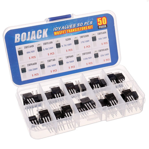 BOJACK 50 Pcs IRF Series Transistors MOSFET Assortment Kit - IRFZ44N IRF510N IRF530N IRF540N IRF640N IRF740